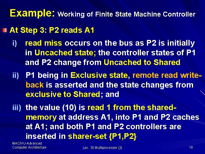 Example: Working of Finite State Machine Controller At Step 3: P 2 reads A