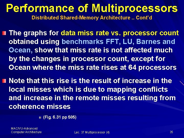 Performance of Multiprocessors Distributed Shared-Memory Architecture. . Cont’d The graphs for data miss rate