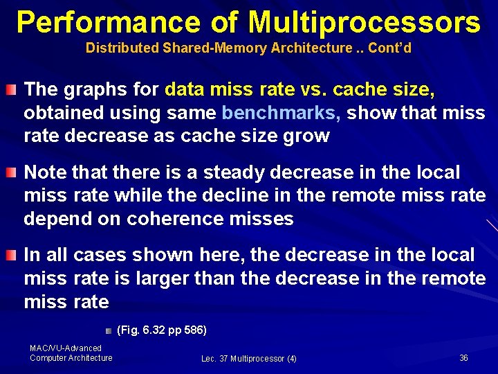Performance of Multiprocessors Distributed Shared-Memory Architecture. . Cont’d The graphs for data miss rate