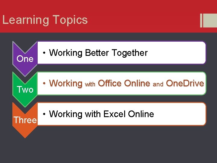 Learning Topics One Two Three • Working Better Together • Working with Office Online