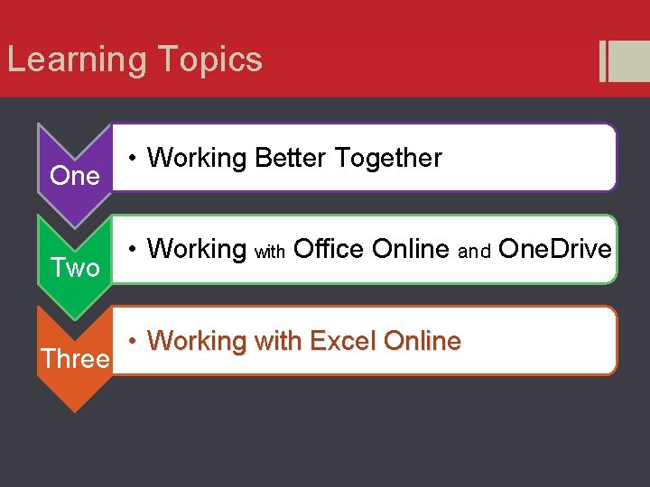 Learning Topics One Two Three • Working Better Together • Working with Office Online