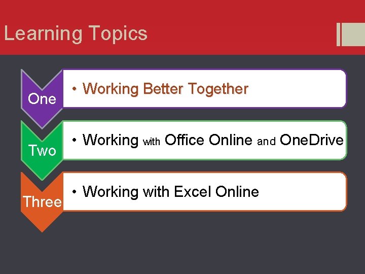 Learning Topics One Two Three • Working Better Together • Working with Office Online