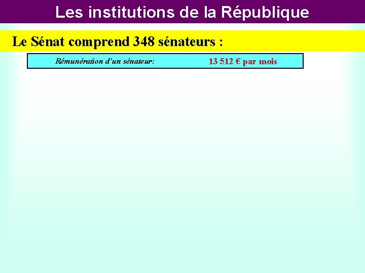 Les institutions de la République Le Sénat comprend 348 sénateurs : Rémunération d’un sénateur: