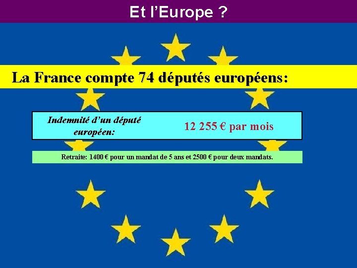 Et l’Europe ? La France compte 74 députés européens: Indemnité d’un député européen: 12