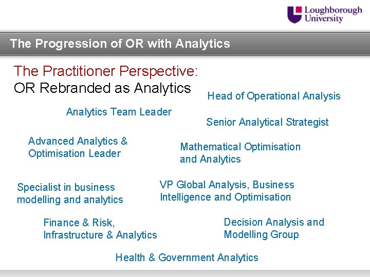 The Progression of OR with Analytics The Practitioner Perspective: OR Rebranded as Analytics Team