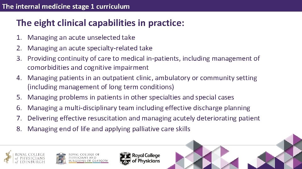The internal medicine stage 1 curriculum The eight clinical capabilities in practice: 1. Managing