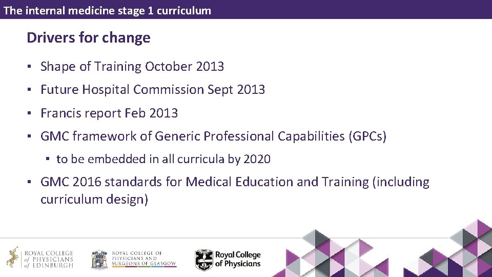 The internal medicine stage 1 curriculum Drivers for change ▪ Shape of Training October