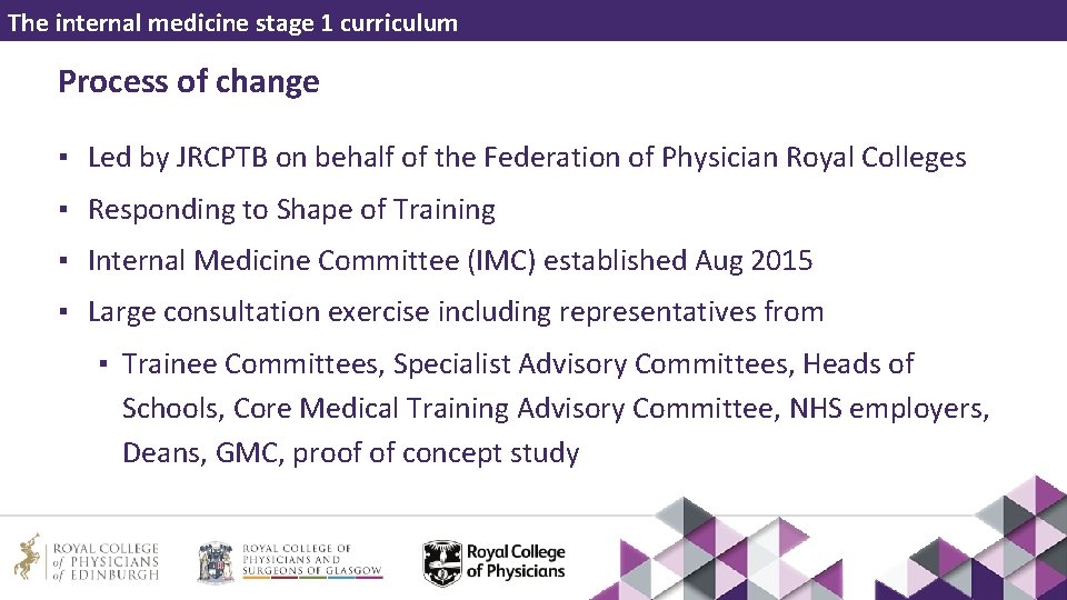 The internal medicine stage 1 curriculum Process of change ▪ Led by JRCPTB on