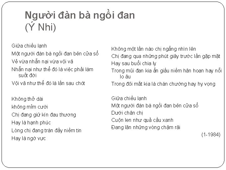 Người đàn bà ngồi đan (Ý Nhi) Giữa chiều lạnh Một người đàn bà