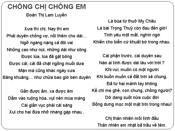 CHỒNG CHỊ CHỒNG EM Đoàn Thị Lam Luyến Lá bùa từ thuở Mỵ Châu