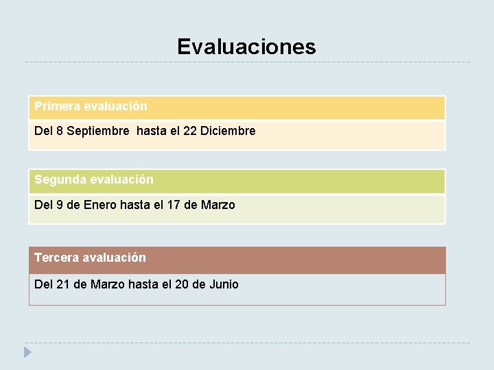 Evaluaciones Primera evaluación Del 8 Septiembre hasta el 22 Diciembre Segunda evaluación Del 9