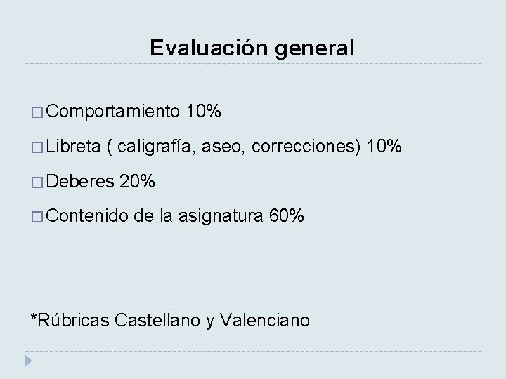 Evaluación general � Comportamiento � Libreta 10% ( caligrafía, aseo, correcciones) 10% � Deberes