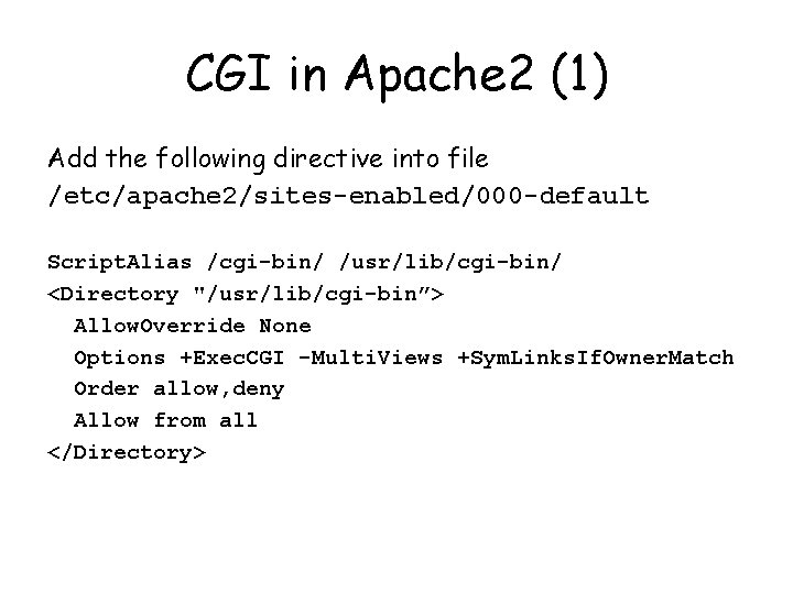 CGI in Apache 2 (1) Add the following directive into file /etc/apache 2/sites-enabled/000 -default