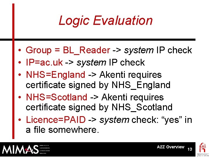 Logic Evaluation • Group = BL_Reader -> system IP check • IP=ac. uk ->