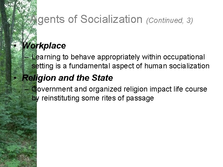 Agents of Socialization (Continued, 3) • Workplace – Learning to behave appropriately within occupational