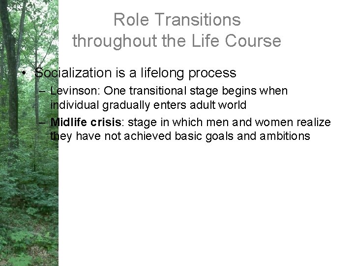 Role Transitions throughout the Life Course • Socialization is a lifelong process – Levinson: