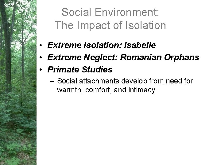 Social Environment: The Impact of Isolation • Extreme Isolation: Isabelle • Extreme Neglect: Romanian