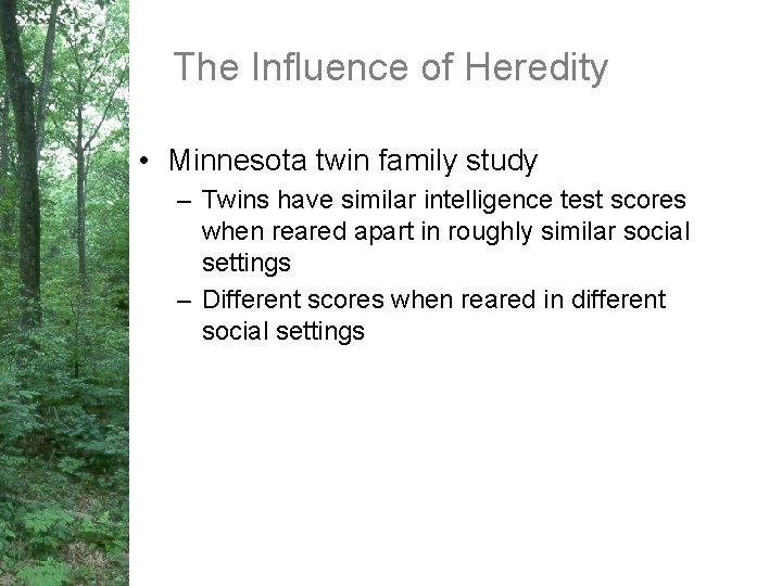The Influence of Heredity • Minnesota twin family study – Twins have similar intelligence
