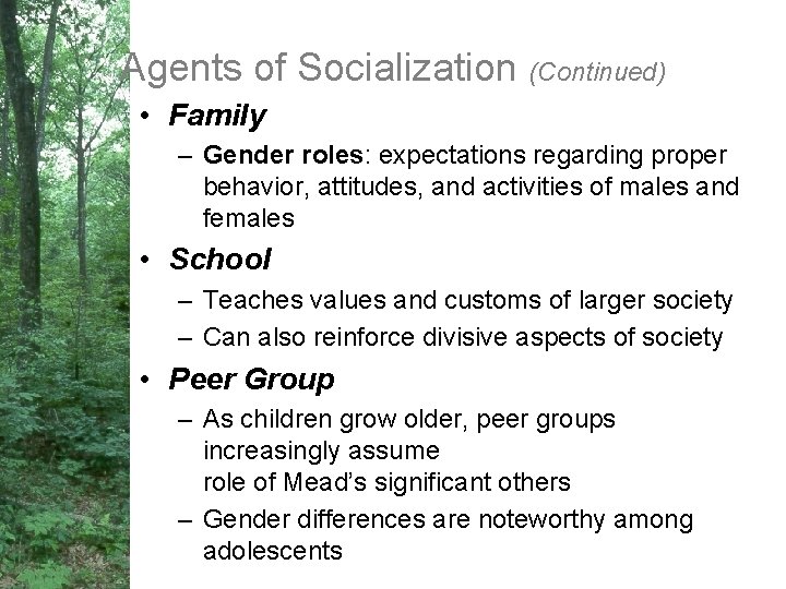 Agents of Socialization (Continued) • Family – Gender roles: expectations regarding proper behavior, attitudes,