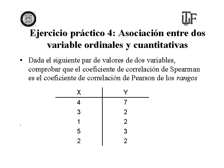 Ejercicio práctico 4: Asociación entre dos variable ordinales y cuantitativas • Dada el siguiente