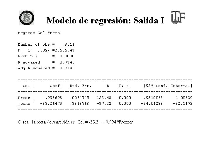 Modelo de regresión: Salida I regress Cel Freez Number of obs F( 1, 8509)