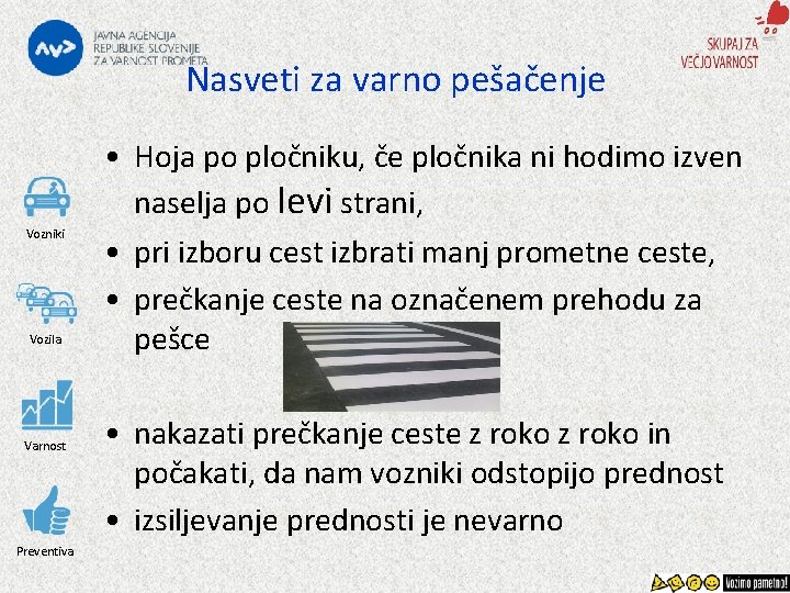 Nasveti za varno pešačenje Vozniki Vozila Varnost Preventiva • Hoja po pločniku, če pločnika