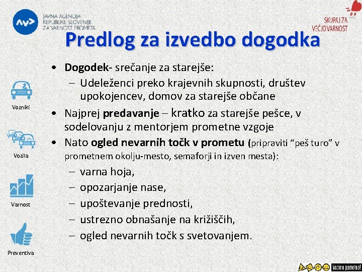 Predlog za izvedbo dogodka Vozniki Vozila Varnost Preventiva • Dogodek- srečanje za starejše: –