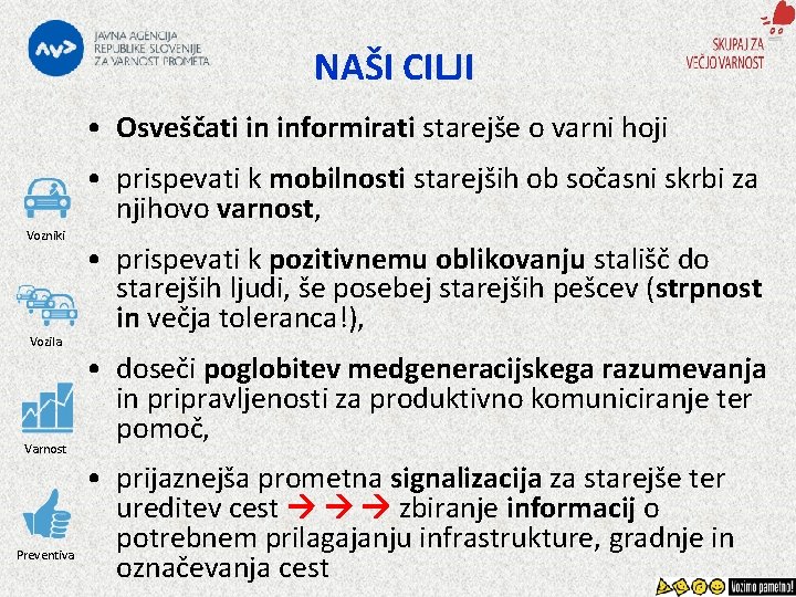 NAŠI CILJI • Osveščati in informirati starejše o varni hoji • prispevati k mobilnosti