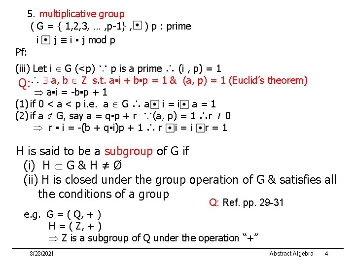 5. multiplicative group ( G = { 1, 2, 3, … , p-1} ,