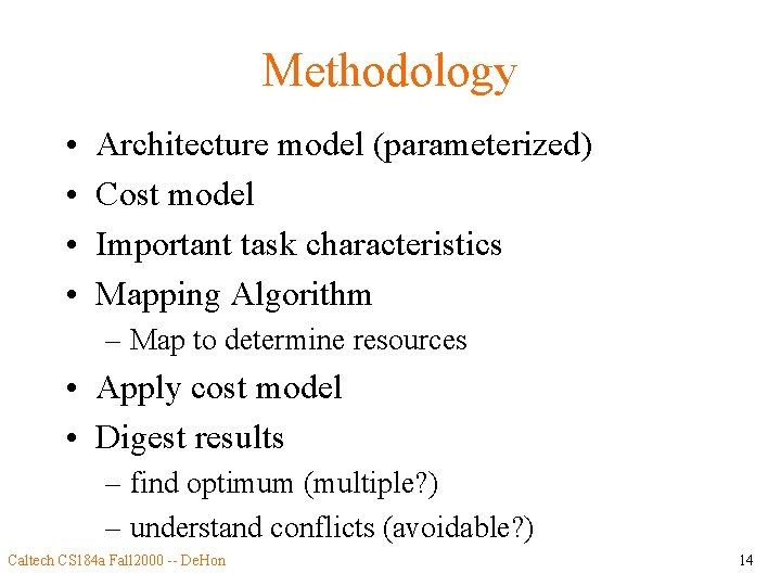 Methodology • • Architecture model (parameterized) Cost model Important task characteristics Mapping Algorithm –