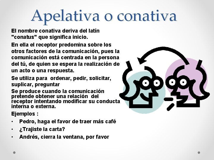 Apelativa o conativa El nombre conativa deriva del latín "conatus" que significa inicio. En