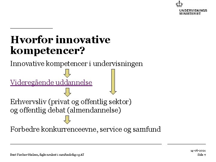 Hvorfor innovative kompetencer? Innovative kompetencer i undervisningen Videregående uddannelse Erhvervsliv (privat og offentlig sektor)