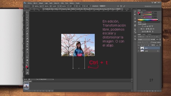 En edición, Transformación libre, podemos escalar y distorsionar la imagen. O con el atajo.