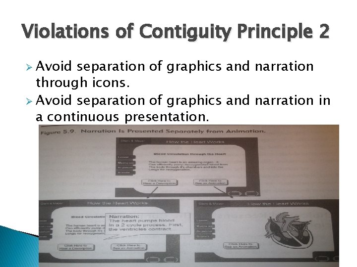 Violations of Contiguity Principle 2 Ø Avoid separation of graphics and narration through icons. Violations of Contiguity Principle 2 Ø Avoid separation of graphics and narration through icons.