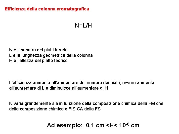 Efficienza della colonna cromatografica N=L/H N è il numero dei piatti terorici L è