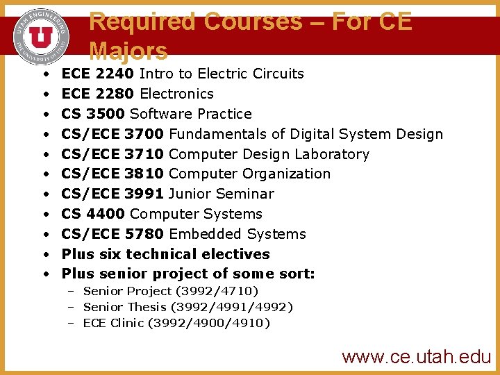  • • • Required Courses – For CE Majors ECE 2240 Intro to
