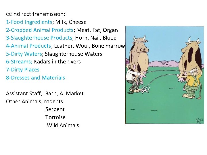  Indirect transmission; 1 -Food Ingredients; Milk, Cheese 2 -Cropped Animal Products; Meat, Fat,