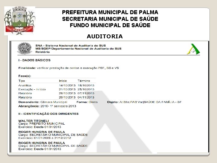 PREFEITURA MUNICIPAL DE PALMA SECRETARIA MUNICIPAL DE SAÚDE FUNDO MUNICIPAL DE SAÚDE AUDITORIA 