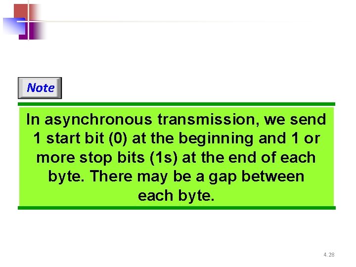 Note In asynchronous transmission, we send 1 start bit (0) at the beginning and