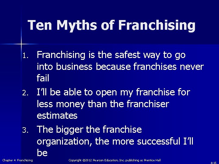 Ten Myths of Franchising 1. 2. 3. Chapter 4 Franchising is the safest way