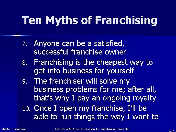 Ten Myths of Franchising 7. 8. 9. 10. Chapter 4 Franchising Anyone can be