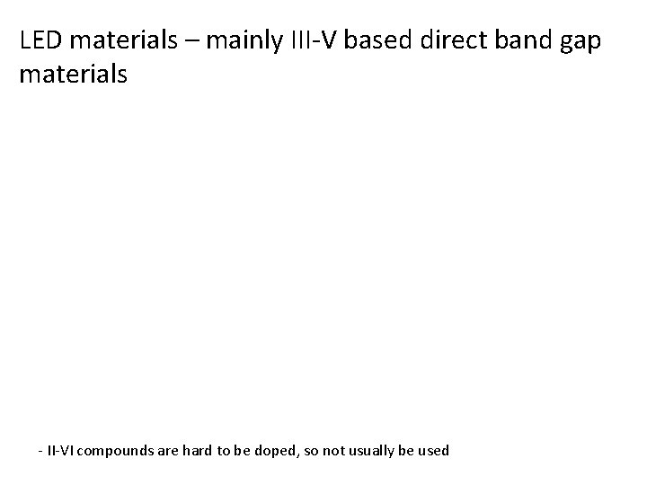 LED materials – mainly III-V based direct band gap materials - II-VI compounds are