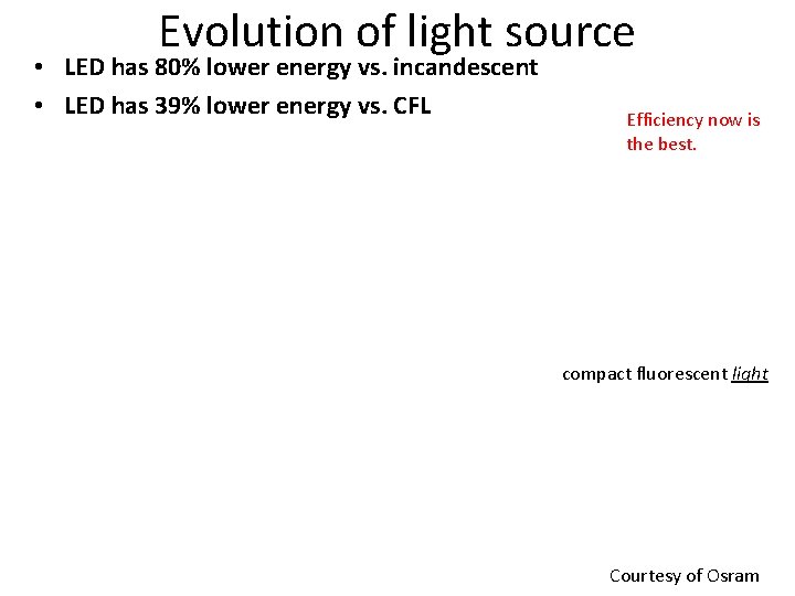 Evolution of light source • LED has 80% lower energy vs. incandescent • LED