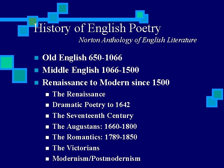 History of English Poetry Norton Anthology of English Literature n n n Old English