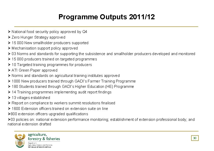 Programme Outputs 2011/12 Ø National food security policy approved by Q 4 Ø Zero