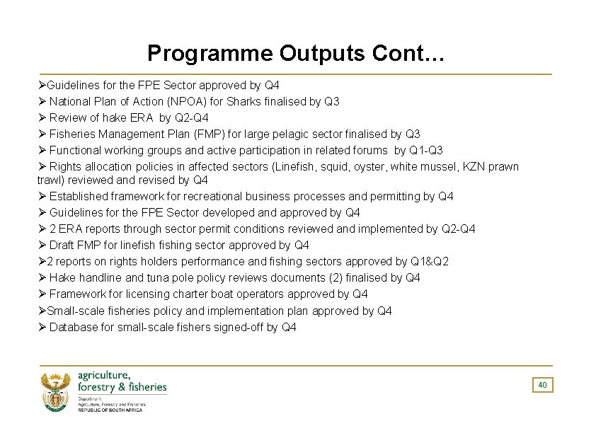 Programme Outputs Cont… ØGuidelines for the FPE Sector approved by Q 4 Ø National