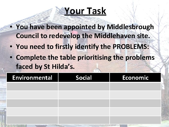 Your Task • You have been appointed by Middlesbrough Council to redevelop the Middlehaven