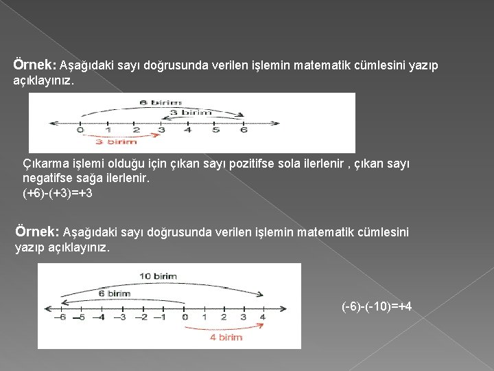 Örnek: Aşağıdaki sayı doğrusunda verilen işlemin matematik cümlesini yazıp açıklayınız. Çıkarma işlemi olduğu için