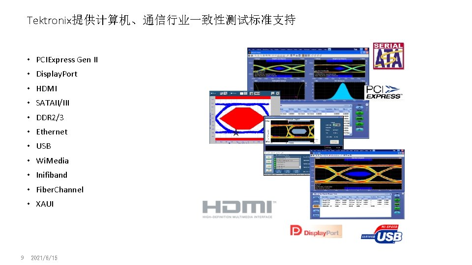 Tektronix提供计算机、通信行业一致性测试标准支持 • PCIExpress Gen II • Display. Port • HDMI • SATAII/III • DDR