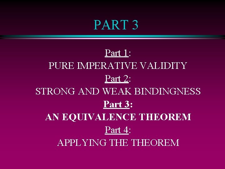 PART 3 Part 1: PURE IMPERATIVE VALIDITY Part 2: STRONG AND WEAK BINDINGNESS Part